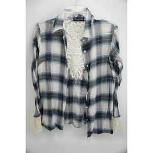 Frazzle Plaid Button Down‎ Shirt S Blue White Lace Back Long Sleeve Excellent